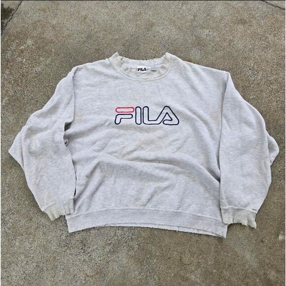 Vtg 90s FILA Classic Logo Distressed Faded Crewneck Sweatshirt Gray Large - Picture 1 of 4